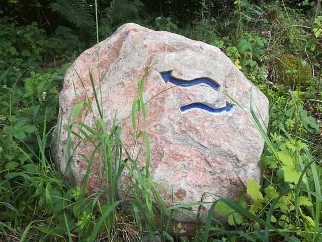 Øvre Mølle ådals smukke natur. Denne sten viser stedet hvor der er kildespring, som henholdsvist løber mod øst og bliver til Mølleåen og mod vest og bliver til Græse å der løber til Roskilde fjord.
