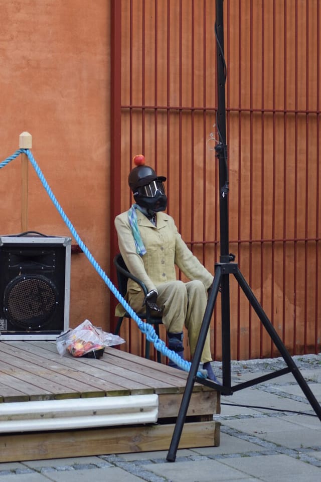 Målskiven - En manekin med skibriller og æble på hoved. Det var ret sjovt at skyde pile efter den med bue. Et sjovt indslag til Æblefestivalen.